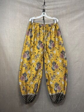 Hand Made Vibrant Yellow Floral Pattern Loose Fit Harem Pants One Size Used Draw